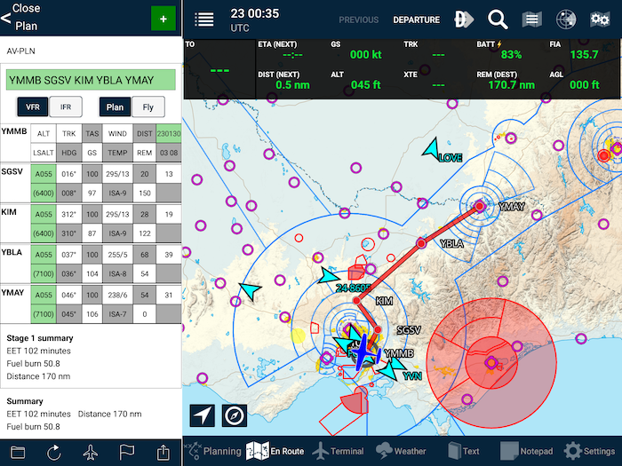 Flight plan beside the map on an Android tablet in landscape orientation