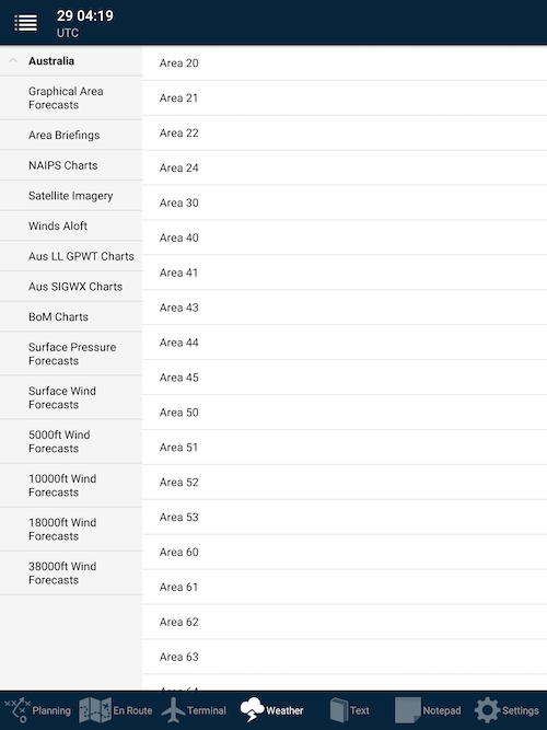 Area briefing regions in AvPlan EFB on Android