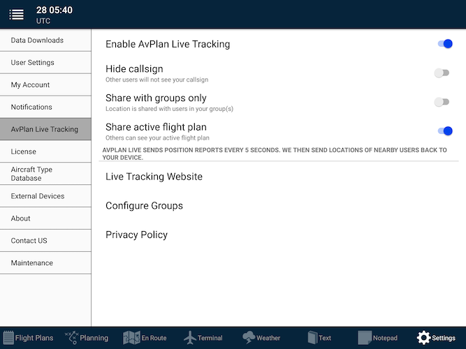 AvPlan Live sharing settings on Android