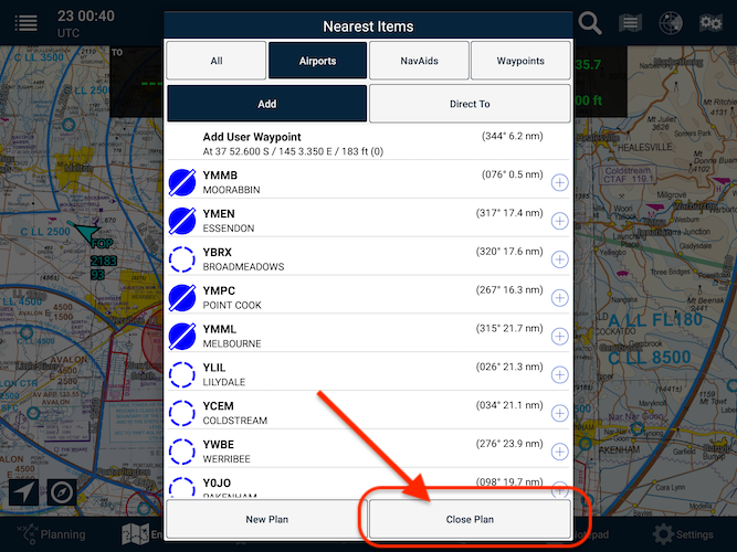 Close Plan in the Android Nearest Items menu