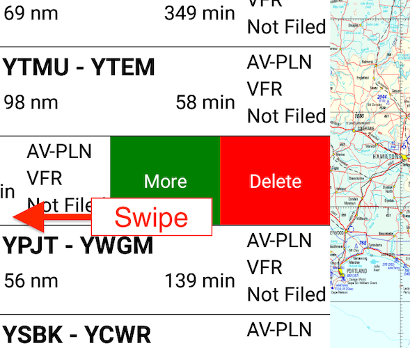 Delete button revealed beside an Android flight plan