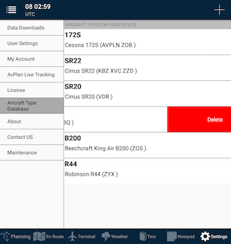 Delete control beside an aircraft type on Android