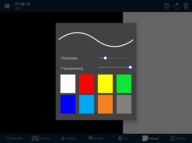 Android notepad with the pen thickness, transparency and colour controls open