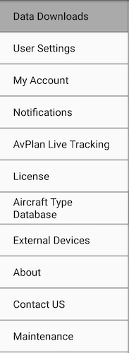 Settings menu in AvPlan EFB on Android