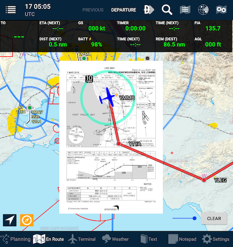 Georeferenced terminal chart displayed on the En Route map on Android