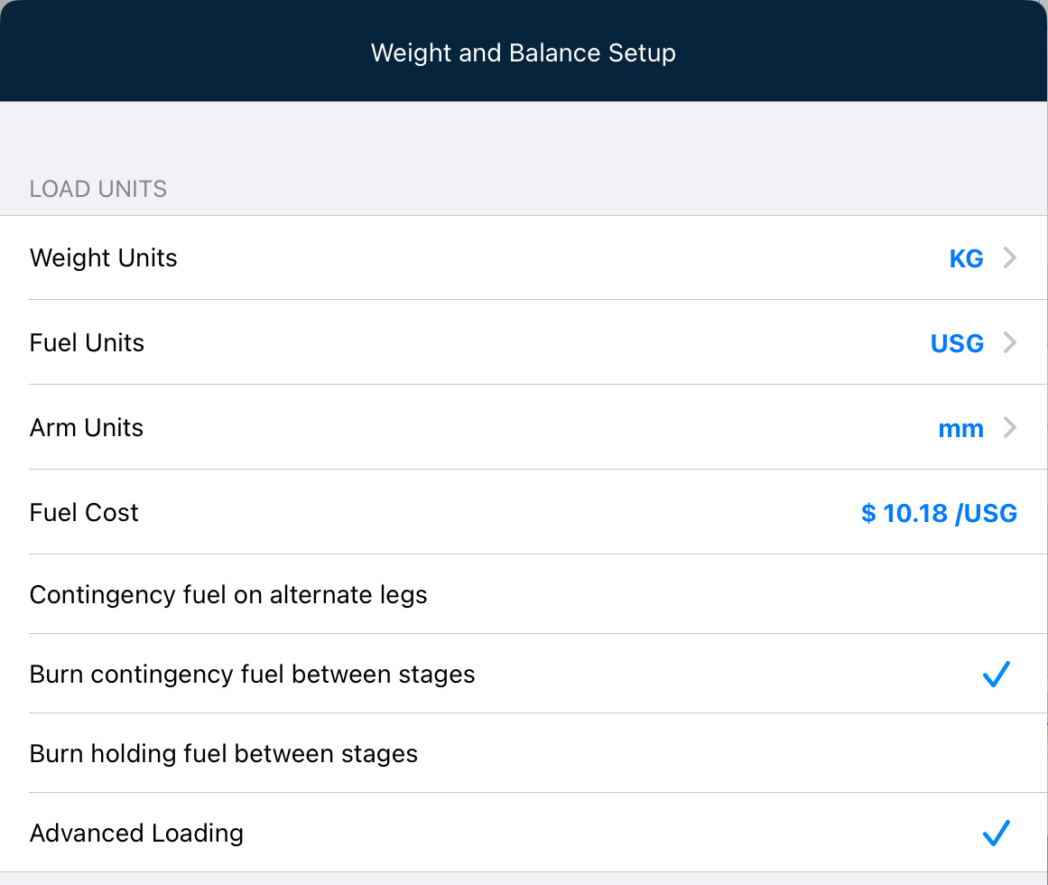 Weight and Balance Setup on Apple 10.x showing Advanced Loading selected