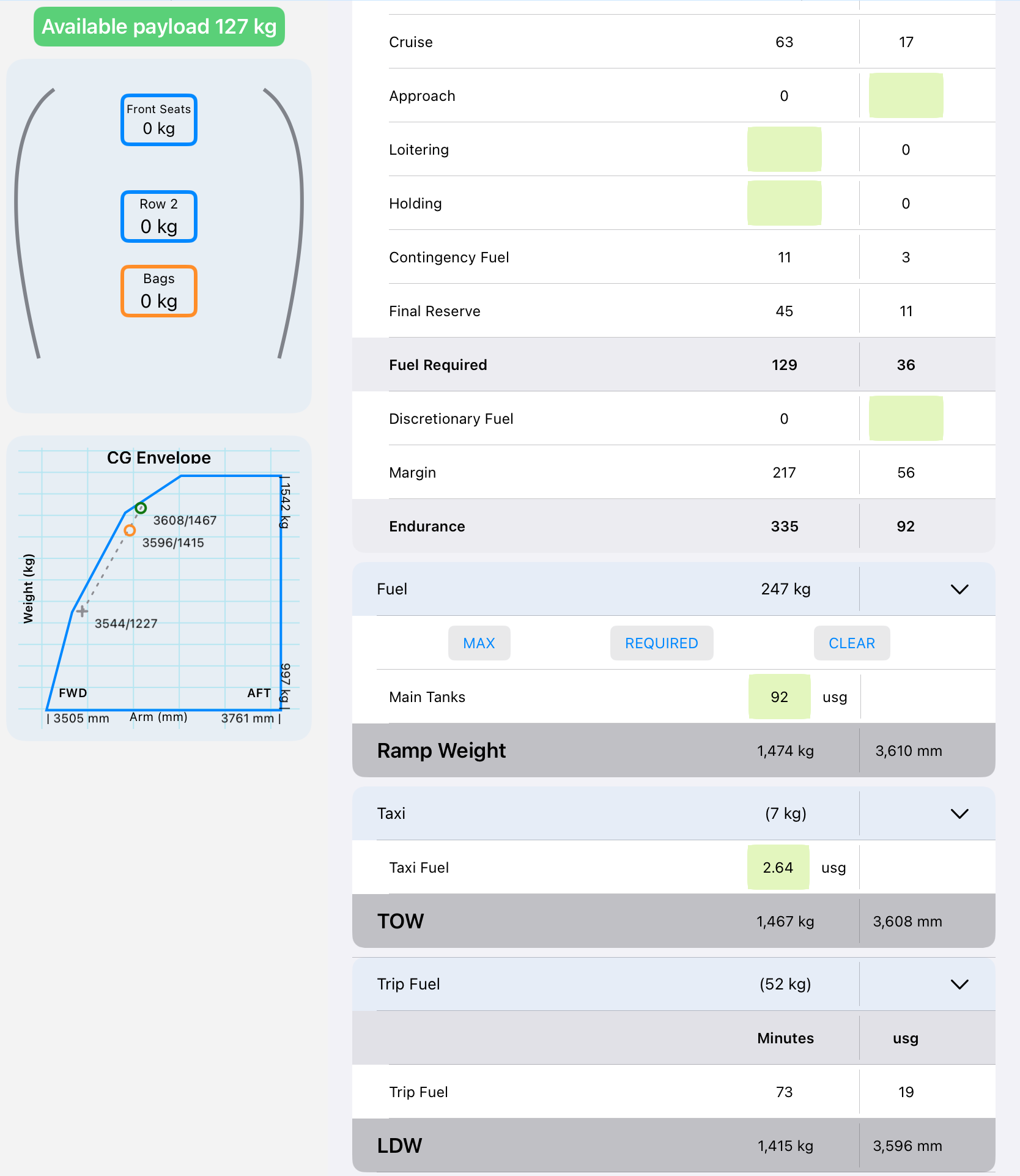 Apple 10.x Aircraft Loading view showing station loads, fuel planning, weight calculations and the centre-of-gravity envelope