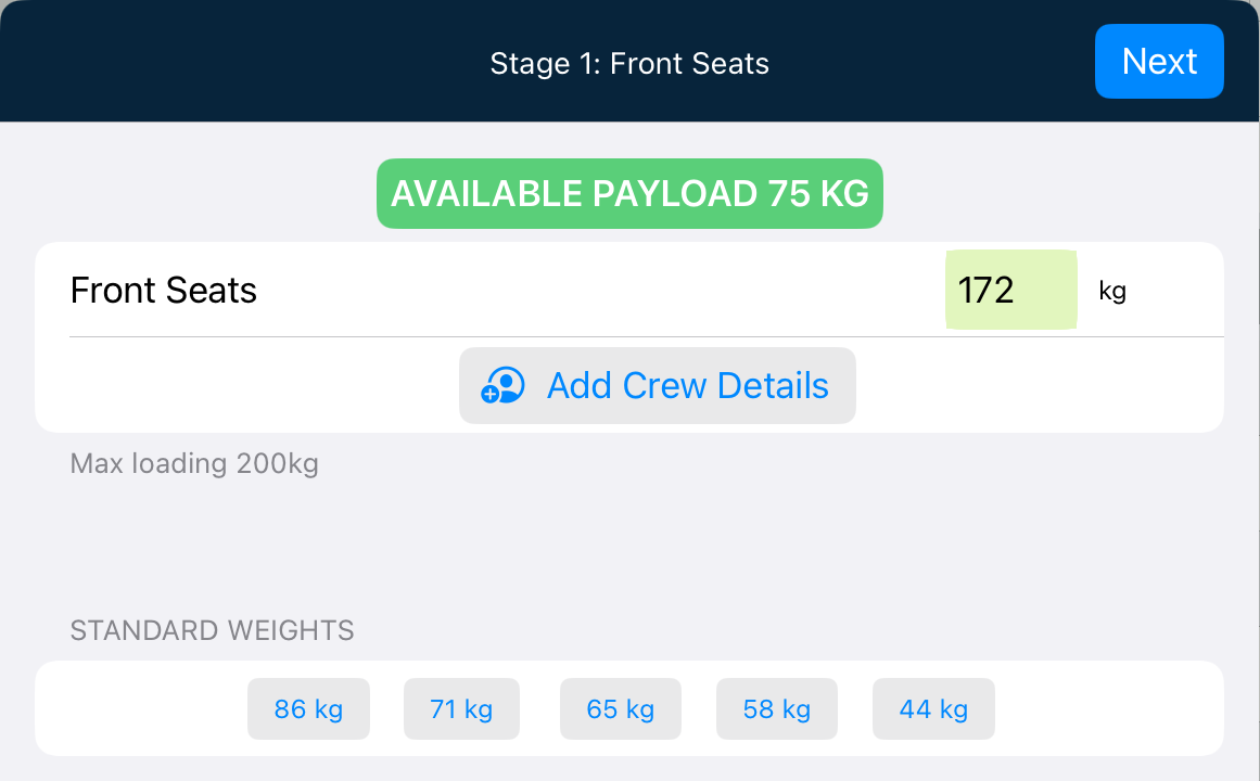 Apple 10.x load-station editor showing available payload, crew details and standard weights