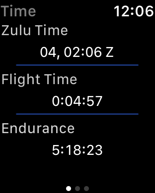 Flight time and endurance page in the AvPlan Apple Watch app