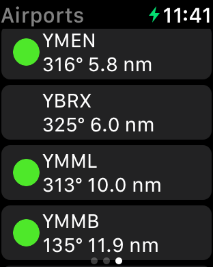 Nearest Airports list in the AvPlan Apple Watch app