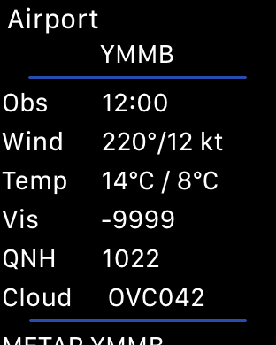 Airport METAR detail in the AvPlan Apple Watch app