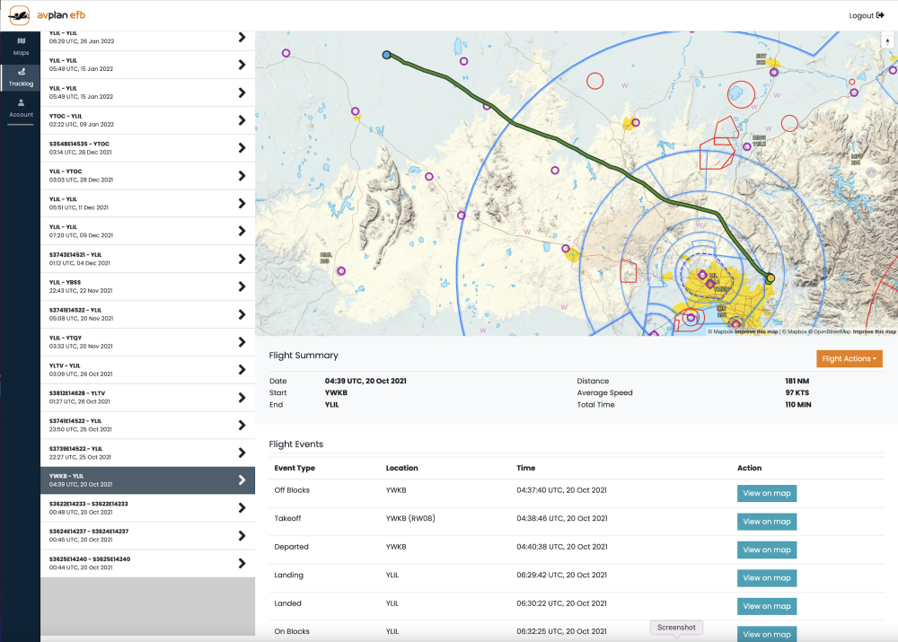 Track log displayed on the AvPlan Live map