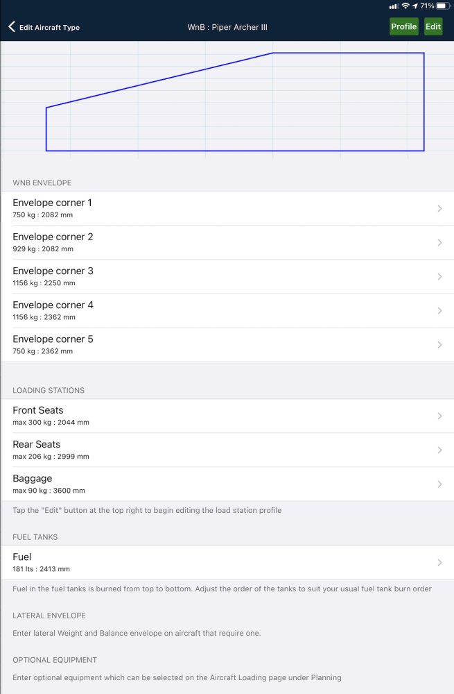Aircraft type weight and balance settings on Apple
