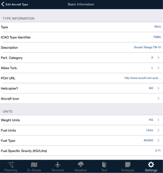 Basic aircraft type information on Apple