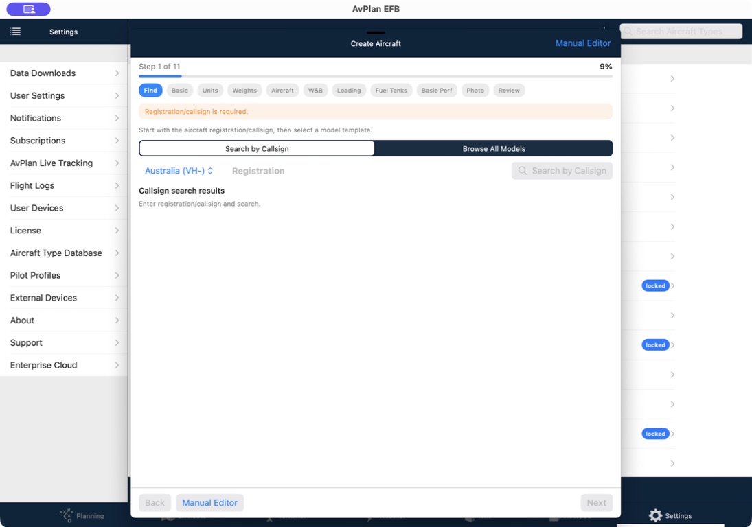 Create Aircraft wizard at the callsign and model-search step on Apple