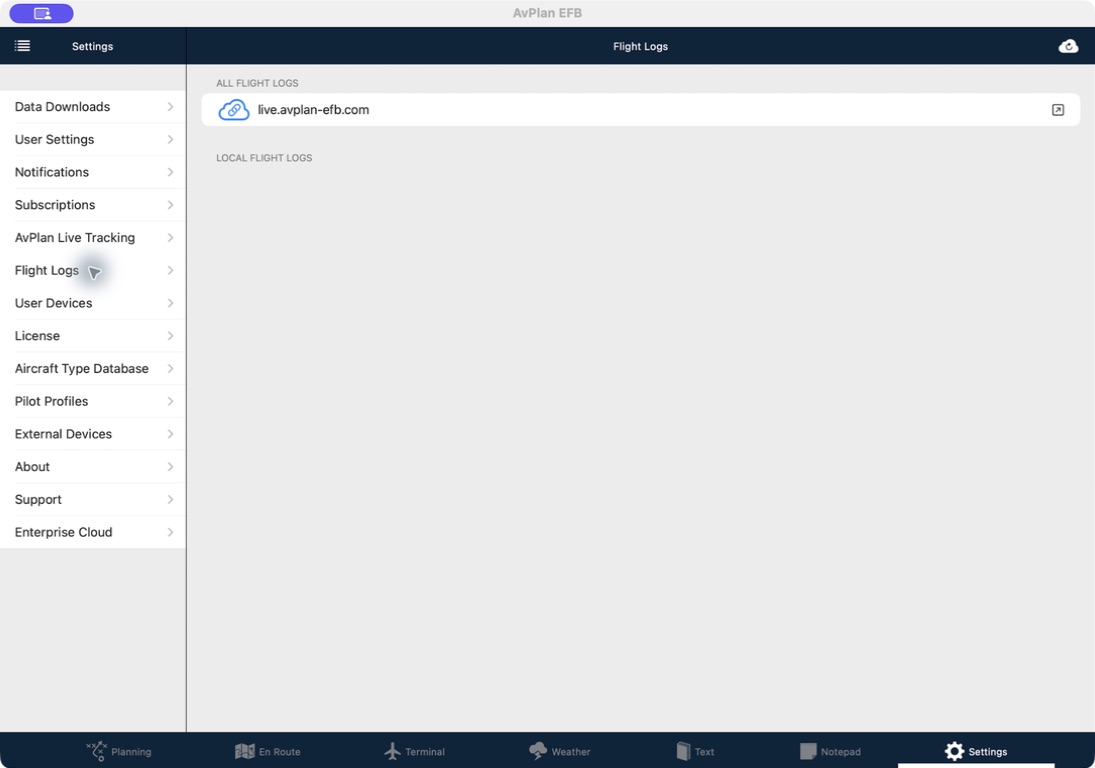 Flight Logs screen with local and AvPlan Live log locations on Apple
