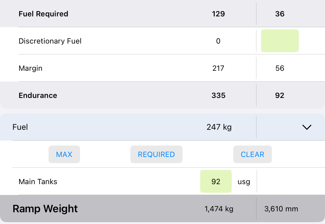 Apple 10.x fuel plan showing required fuel, endurance and the MAX, REQUIRED and CLEAR controls
