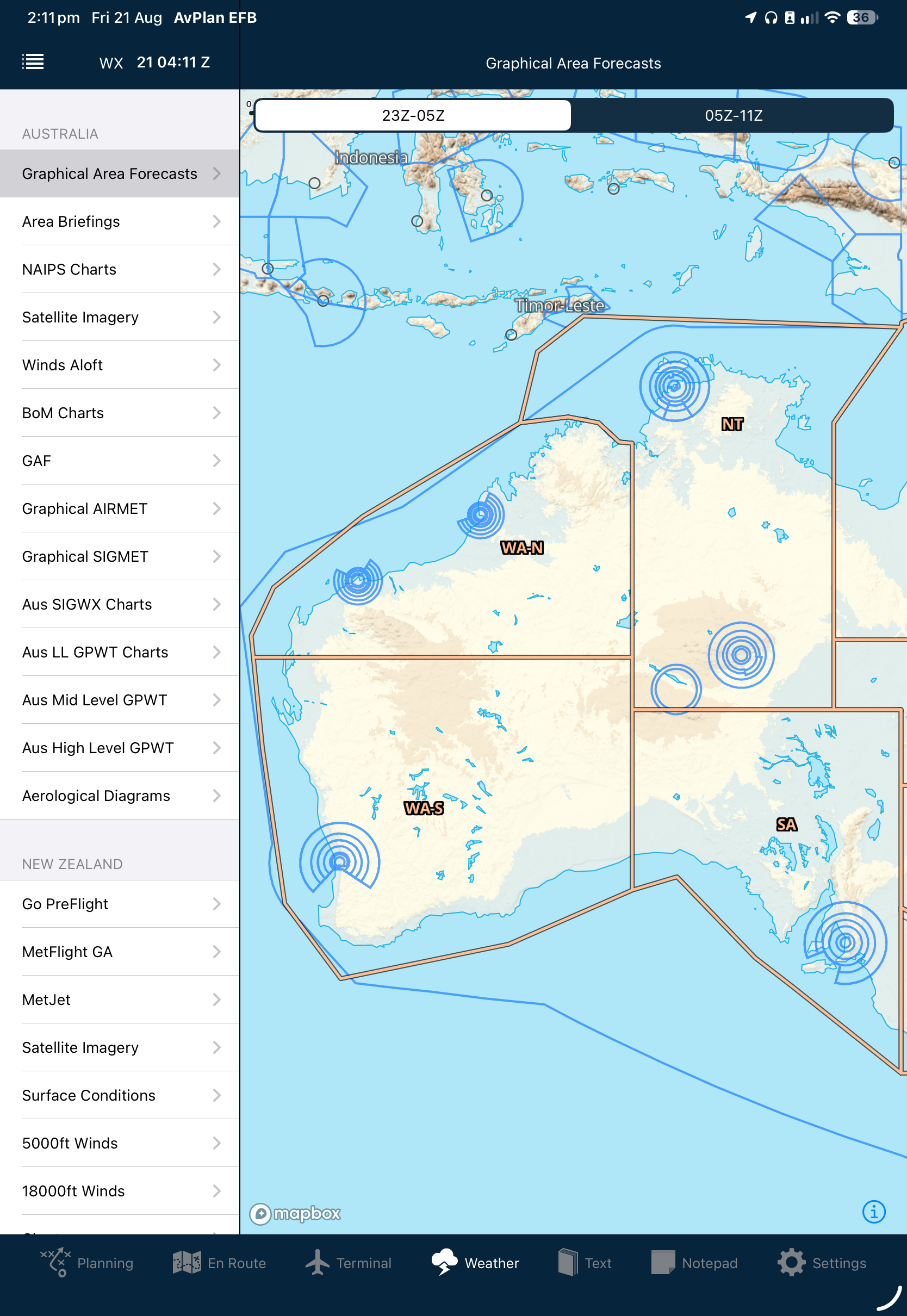 Graphical Area Forecasts regional overview showing forecast areas and validity-period controls on Apple