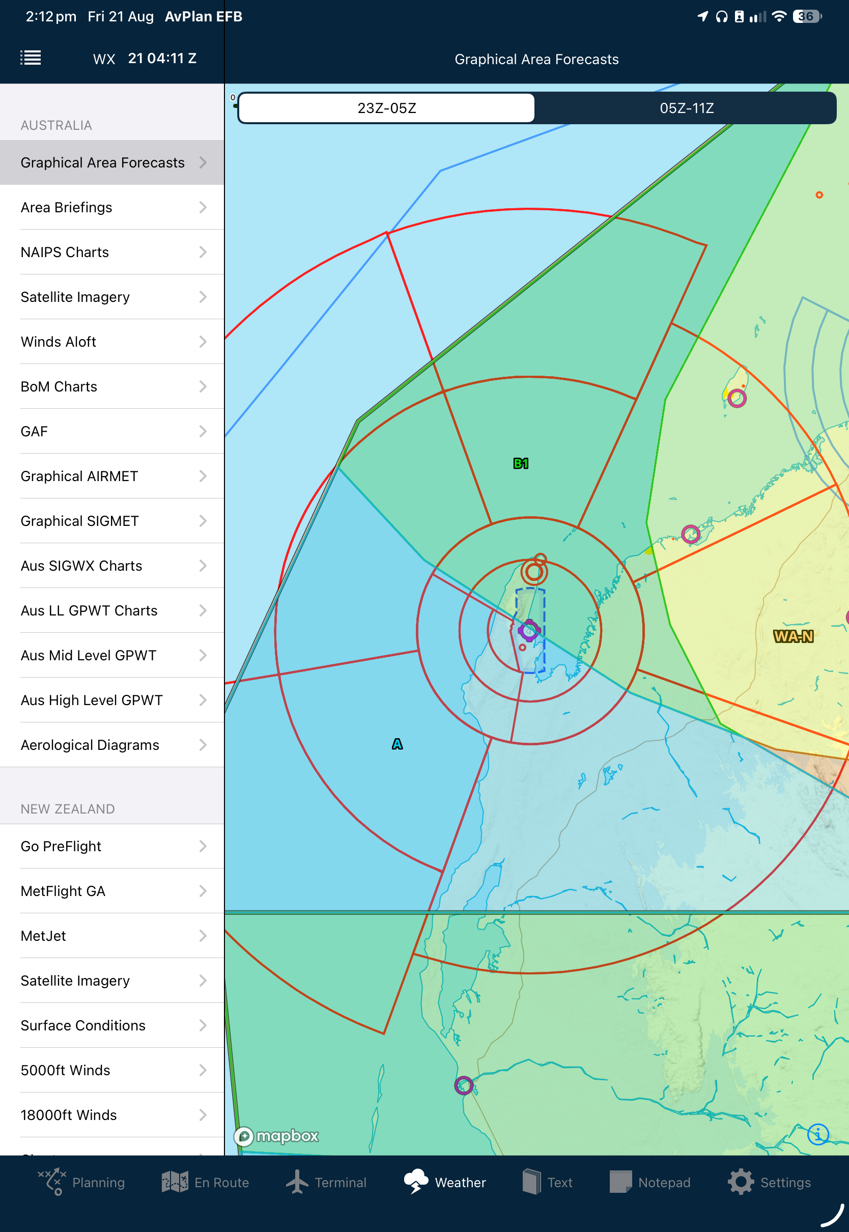 Interactive Graphical Area Forecast map showing labelled subdivision B1 on Apple