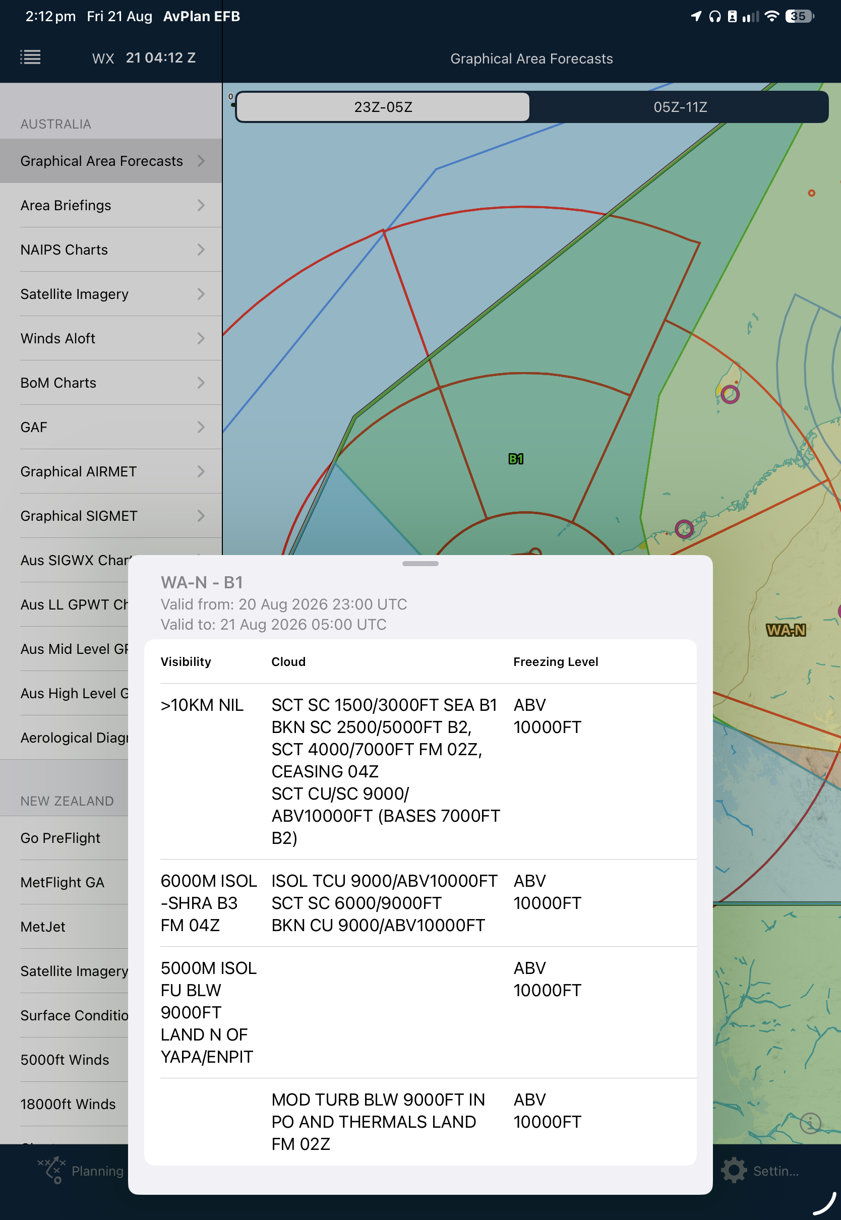 WA-N B1 forecast details showing Visibility, Cloud and Freezing Level on Apple