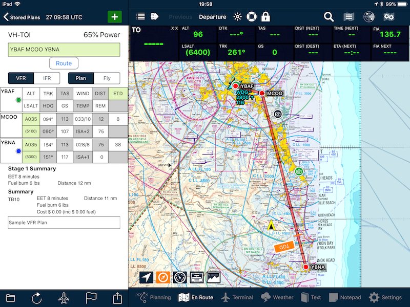 Flight plan beside the map on an iPad in landscape orientation