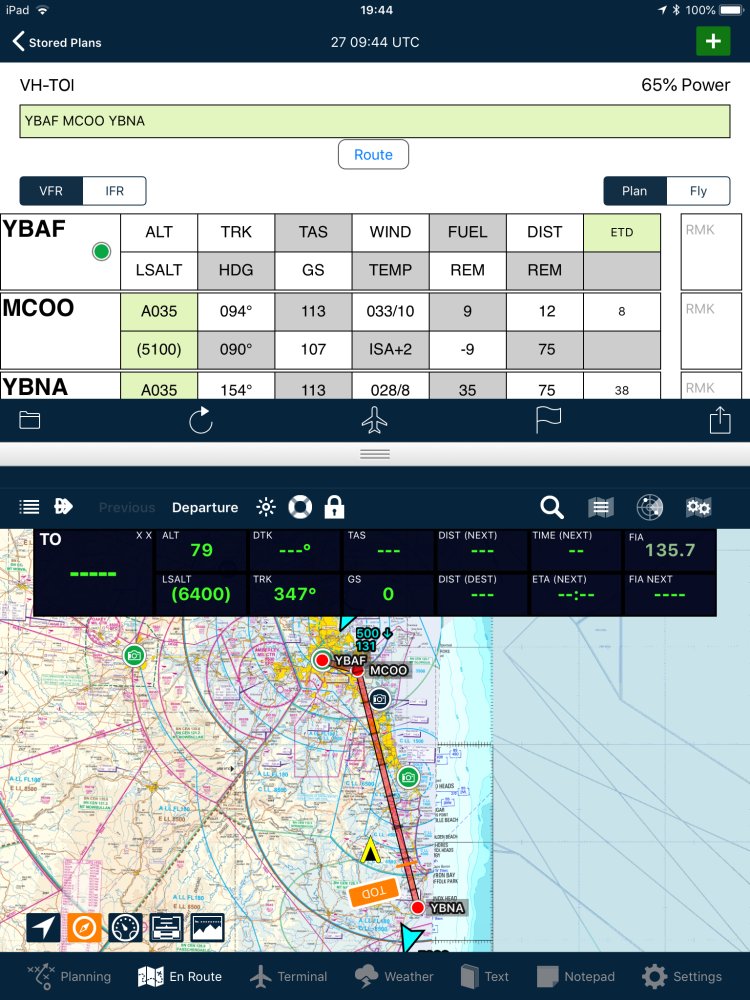 Flight plan above the map on an iPad in portrait orientation