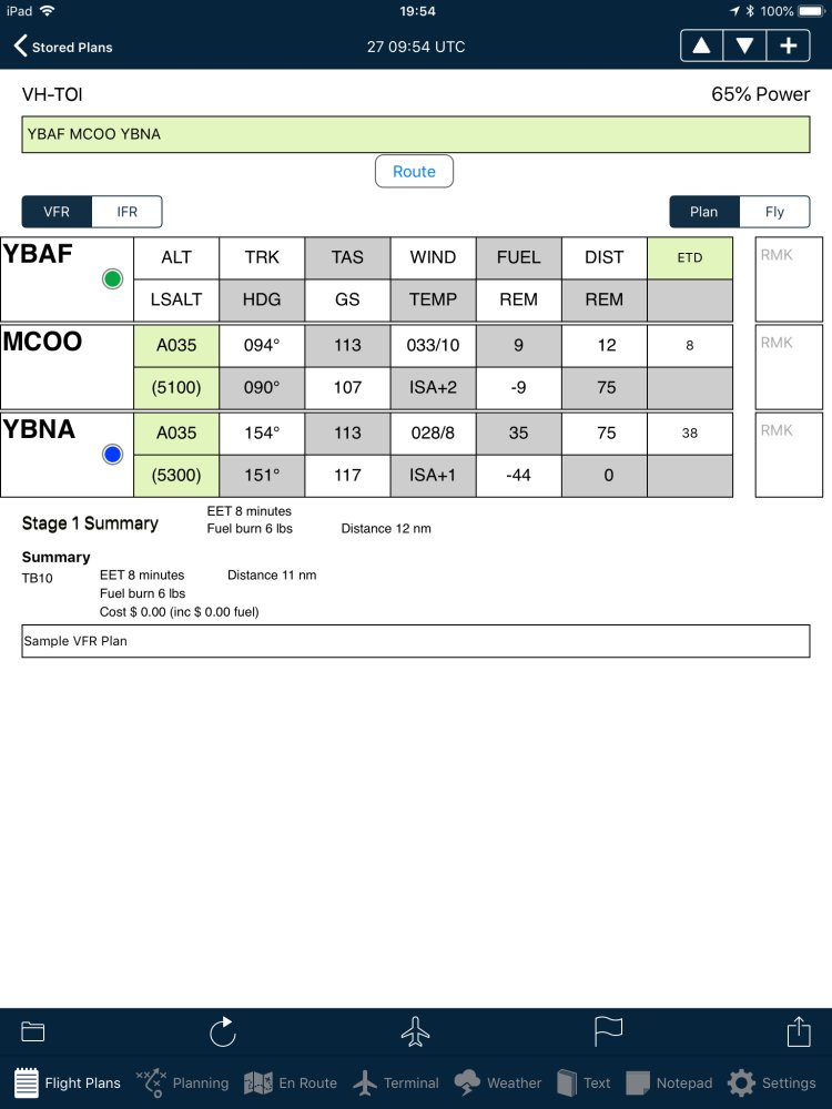 Full-screen flight plan on an iPad in portrait orientation