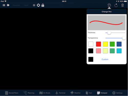 Apple notepad with the Change Pen controls open