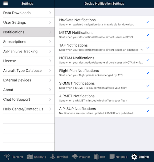 Notification settings in AvPlan on Apple