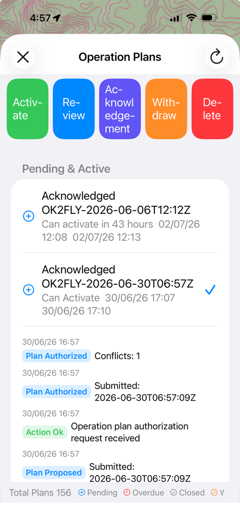 Selected acknowledged operation plan with its event history on Apple