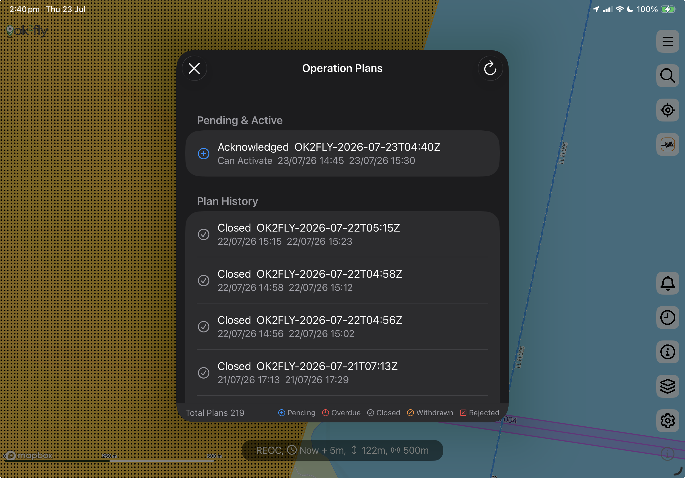 Operation Plans window showing pending and completed plans on Apple