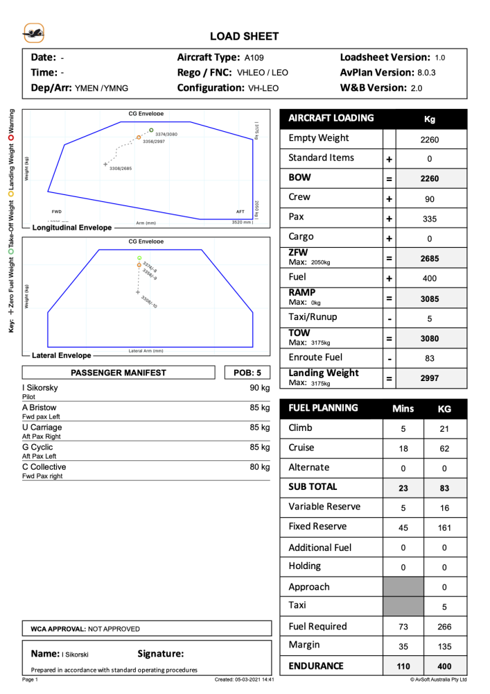 Advanced load sheet with forward, aft and lateral envelopes in Apple 9.x