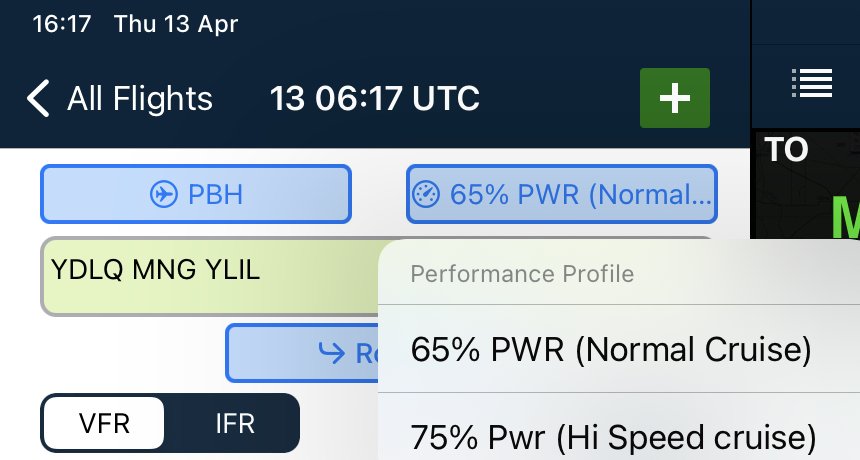 Aircraft and performance selectors on Apple