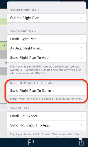 Send flight plan to Garmin Pilot app.