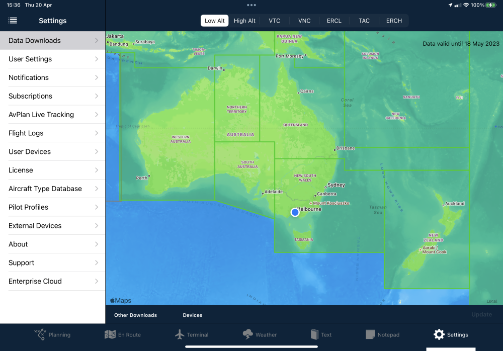 Settings menu beside the map in AvPlan EFB on Apple