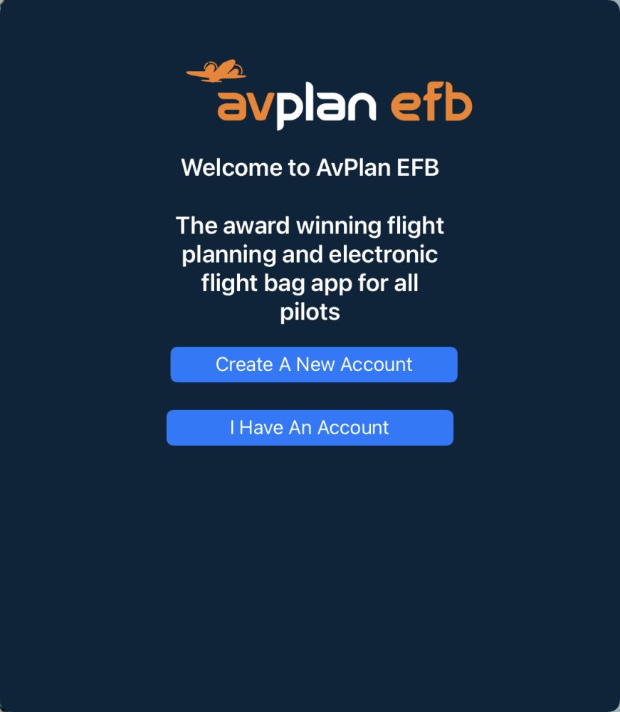 AvPlan EFB welcome screen on iOS