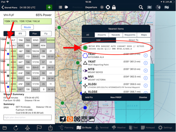 METAR icons on the Apple map, flight plan and Nearest Items