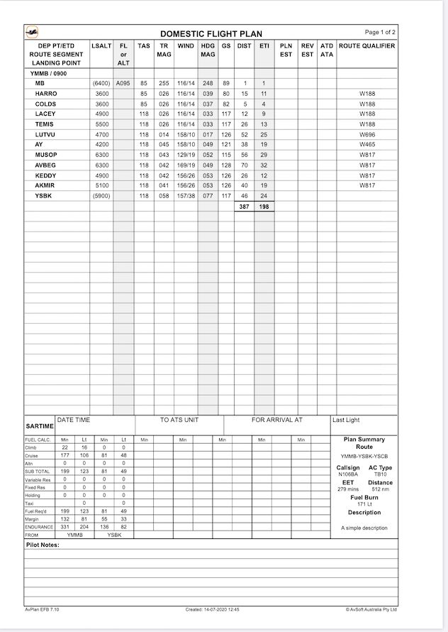 Portrait flight-plan report in Apple 9.x