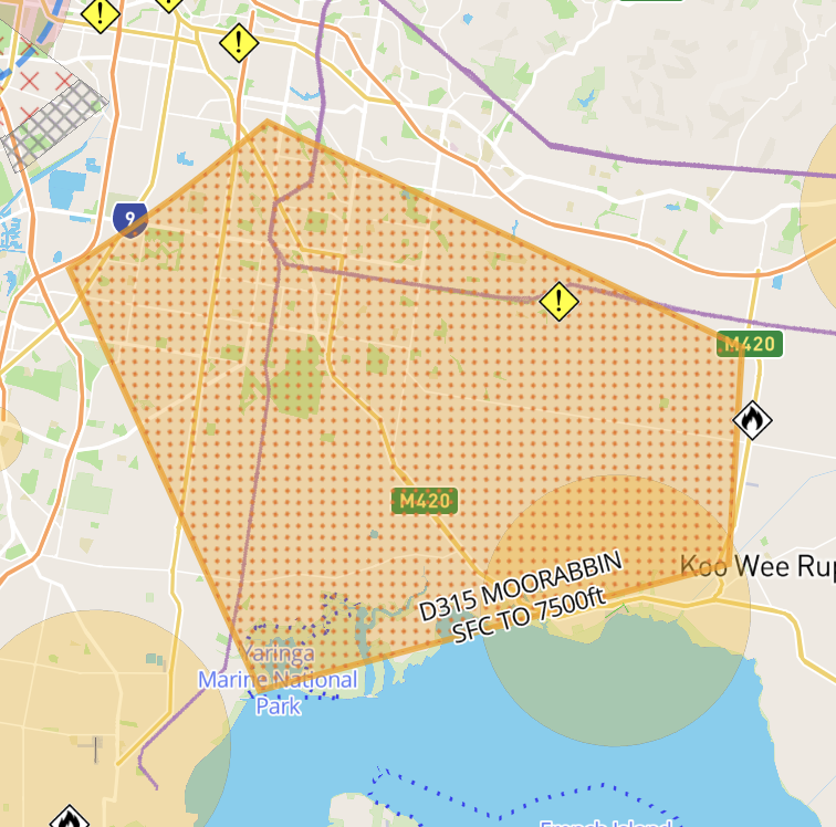 Active danger area shown with an orange border and dotted fill