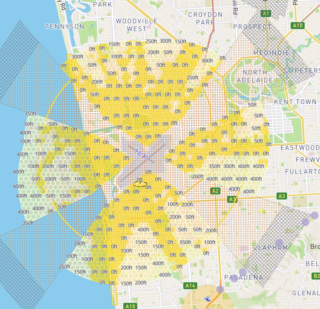 Automated airspace-authorisation grid with maximum altitude labels in each hexagonal cell