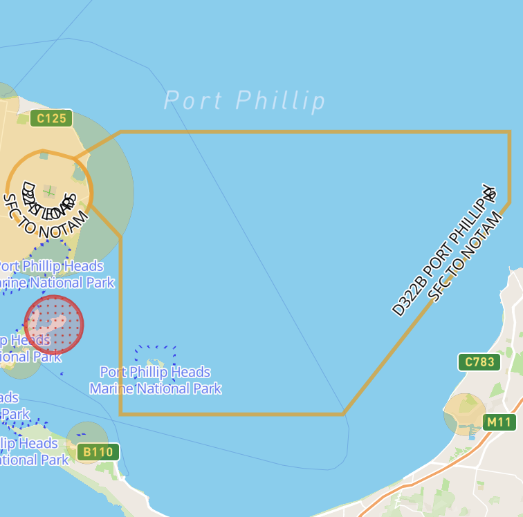 Inactive danger area shown with an orange outline