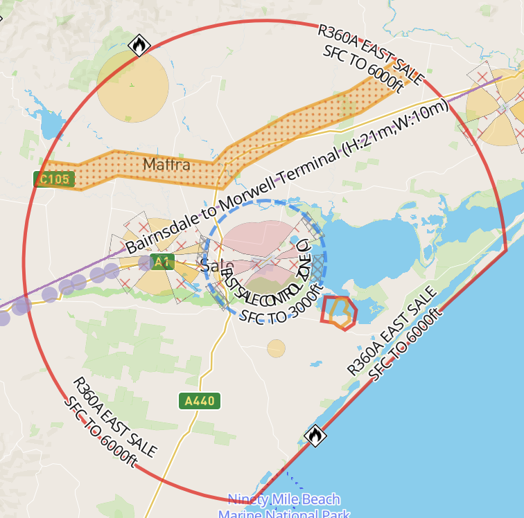 Inactive restricted airspace shown with a red outline