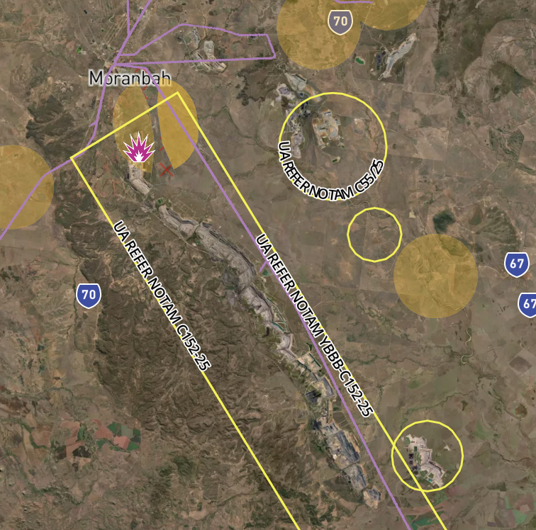 NOTAM-defined airspace shown with a bright-yellow outline