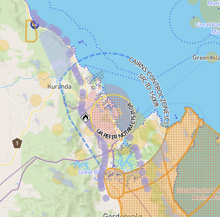 Published VFR scenic route traced by violet dots