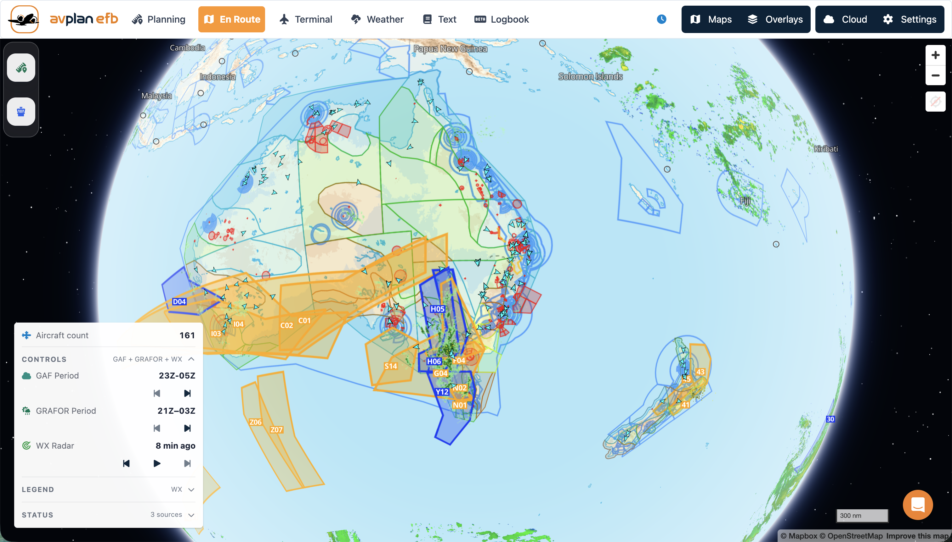 En Route map in AvPlan Web with weather, traffic and airspace overlays