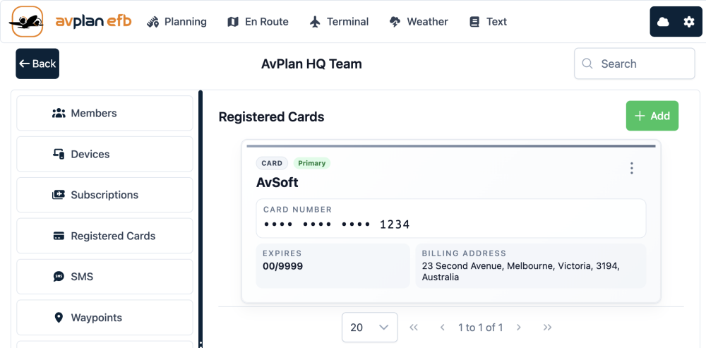 Registered cards in AvPlan Web