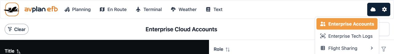 Enterprise Accounts menu and account list in AvPlan Web