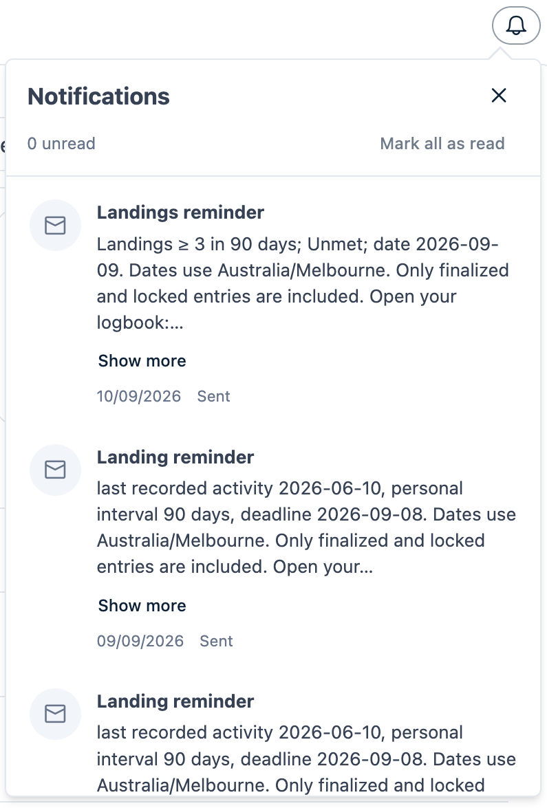 Notifications bell at the top right of the Web logbook with the panel open showing landing reminder messages