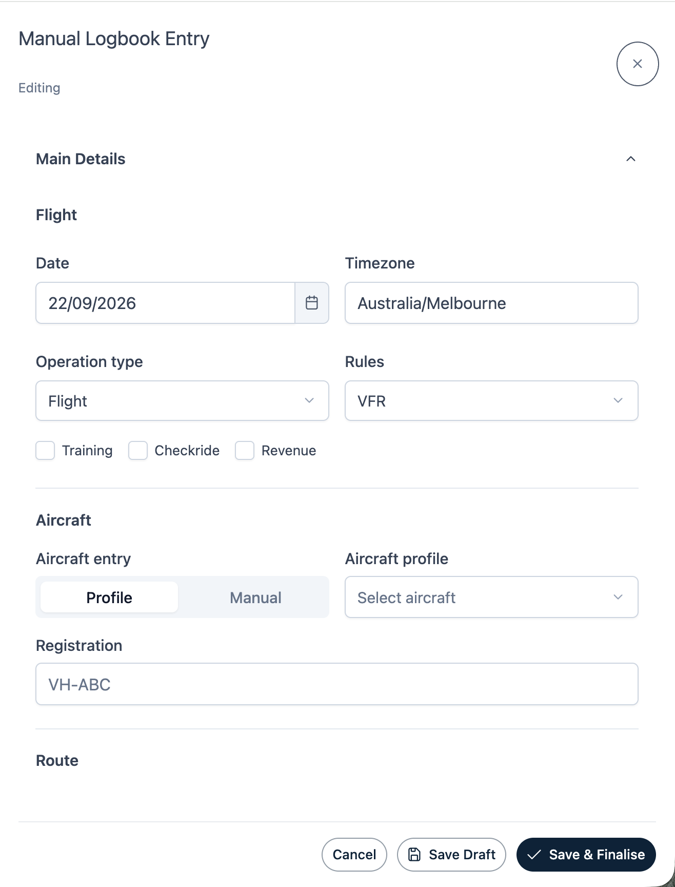 Manual Logbook Entry panel on Web showing date, timezone, operation type, rules, aircraft selection and the Save Draft and Save & Finalise buttons