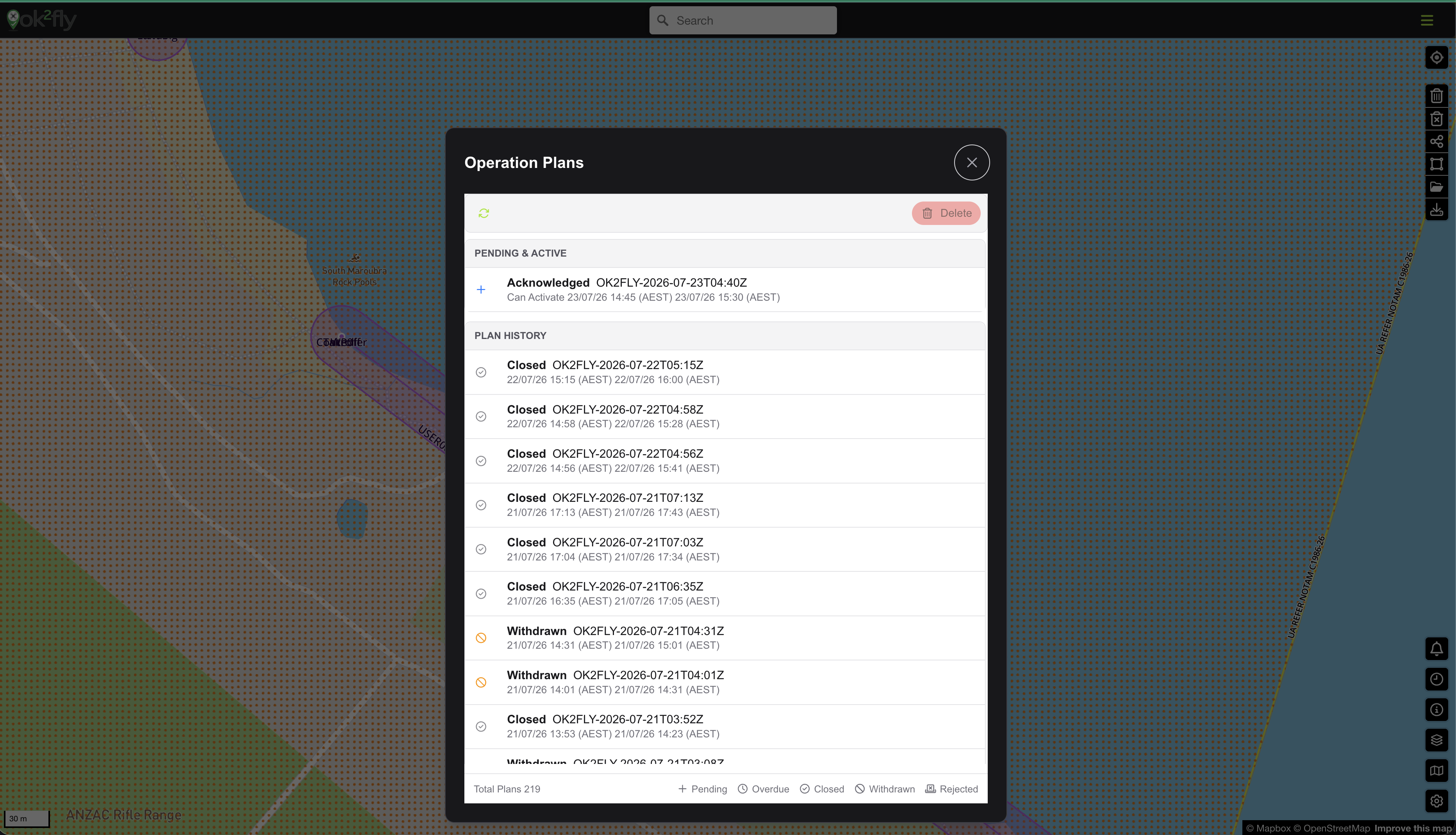 Operation Plans window showing pending and completed plans on Web